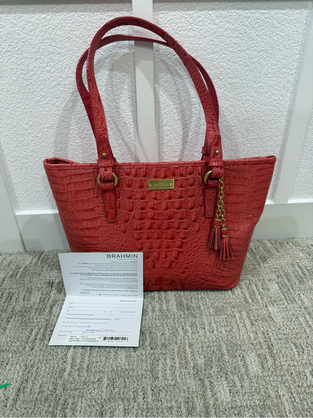Brahmin coral Croc-Embossed Medium Asher tote- Tulip Melbourne w/reg card